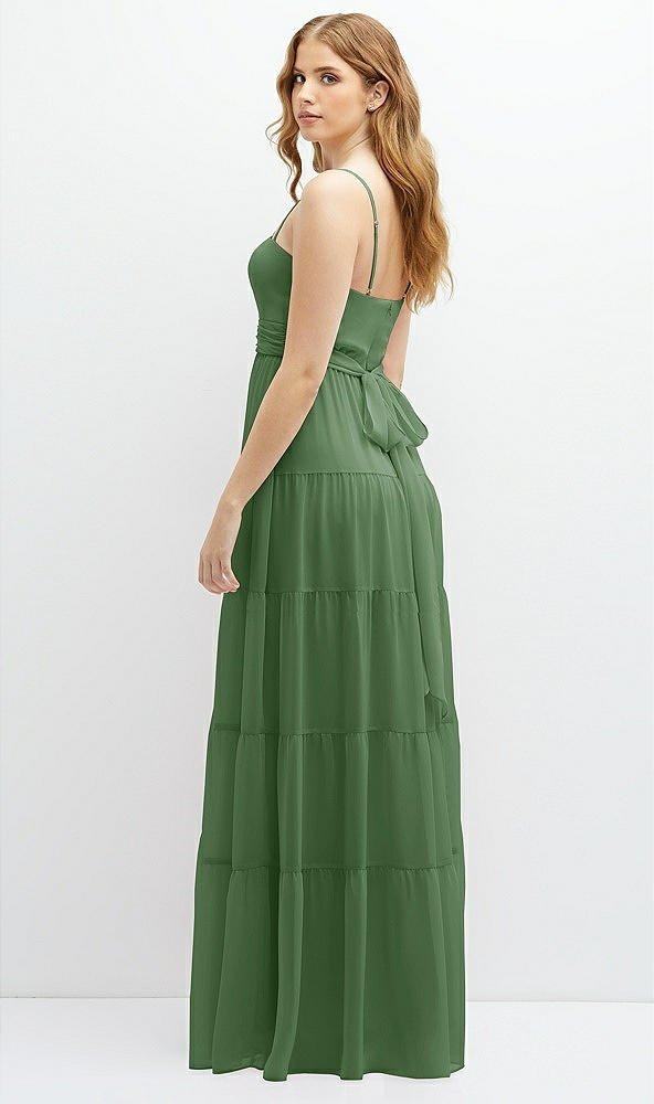 Back View - Vineyard Green Modern Regency Chiffon Tiered Maxi Dress with Tie-Back