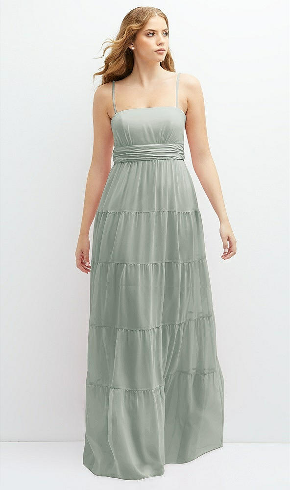Front View - Willow Green Modern Regency Chiffon Tiered Maxi Dress with Tie-Back