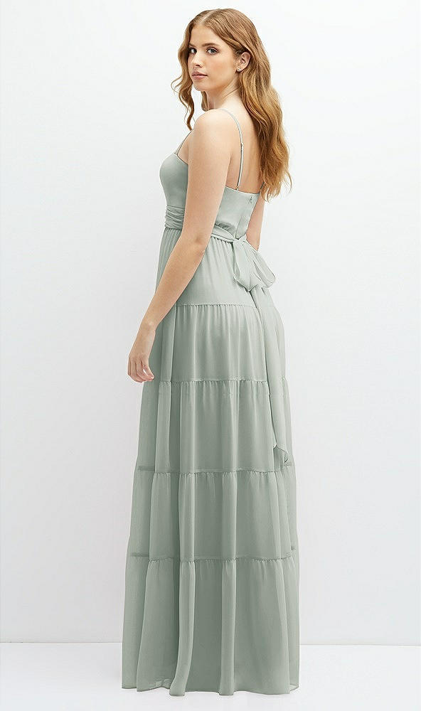 Back View - Willow Green Modern Regency Chiffon Tiered Maxi Dress with Tie-Back