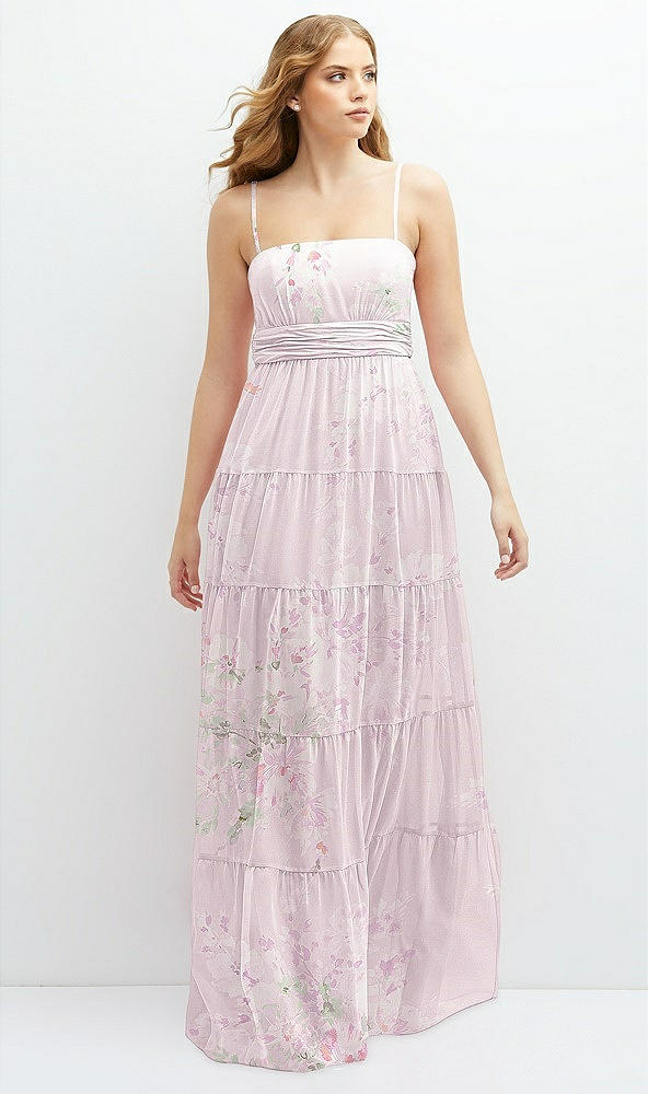 Front View - Watercolor Print Modern Regency Chiffon Tiered Maxi Dress with Tie-Back