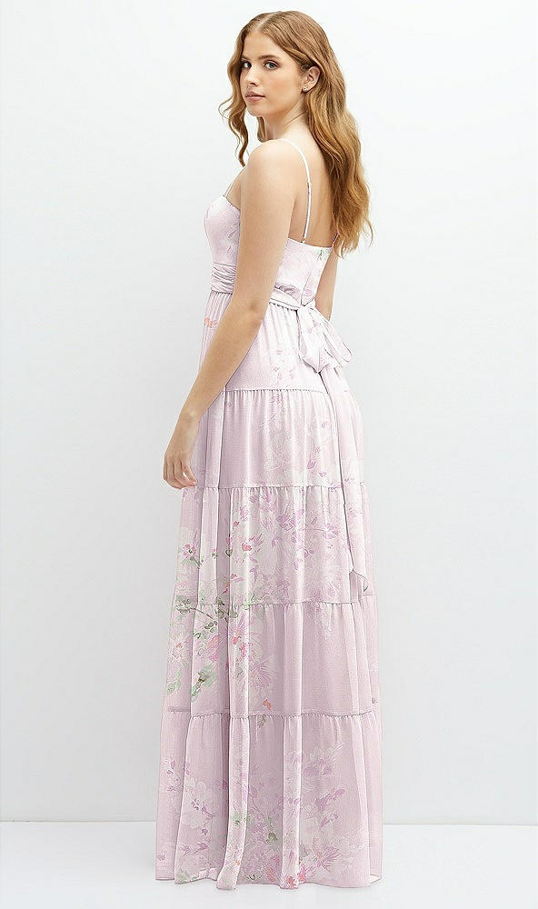 Back View - Watercolor Print Modern Regency Chiffon Tiered Maxi Dress with Tie-Back