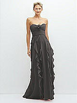 Front View Thumbnail - Caviar Gray Strapless Vertical Ruffle Chiffon Maxi Dress with Flower Detail