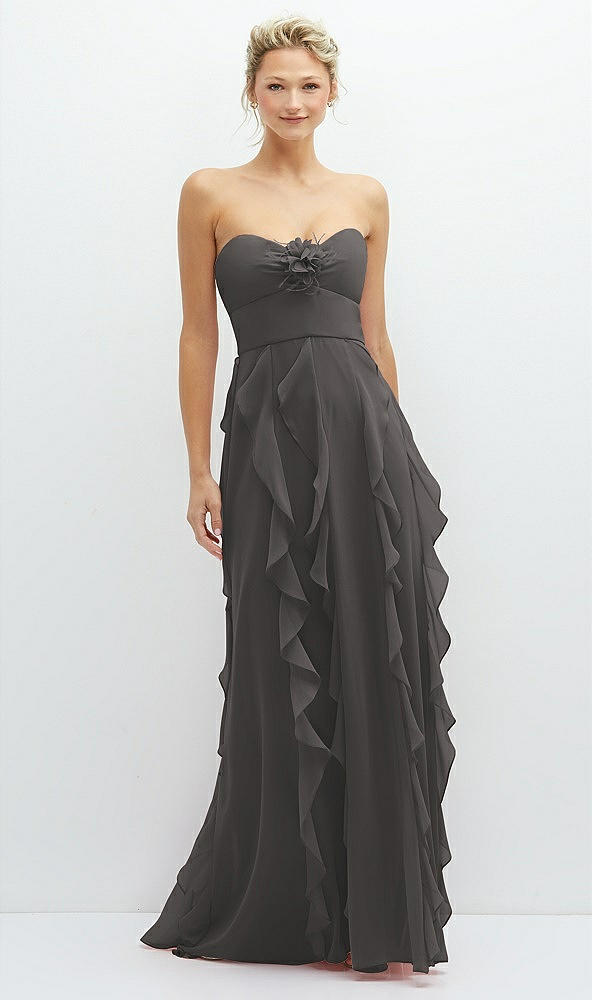 Front View - Caviar Gray Strapless Vertical Ruffle Chiffon Maxi Dress with Flower Detail