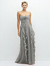 Front View Thumbnail - Chelsea Gray Strapless Vertical Ruffle Chiffon Maxi Dress with Flower Detail