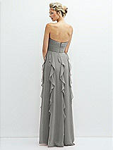 Rear View Thumbnail - Chelsea Gray Strapless Vertical Ruffle Chiffon Maxi Dress with Flower Detail