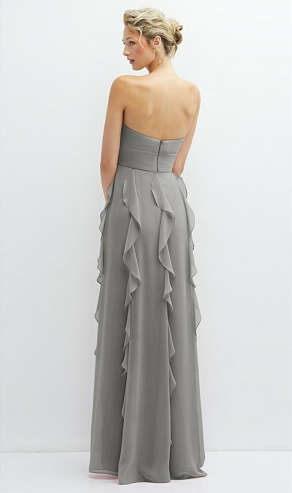 Back View - Chelsea Gray Strapless Vertical Ruffle Chiffon Maxi Dress with Flower Detail