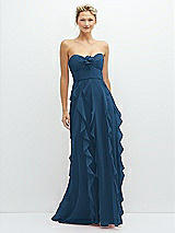 Front View Thumbnail - Dusk Blue Strapless Vertical Ruffle Chiffon Maxi Dress with Flower Detail