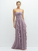 Front View Thumbnail - Lilac Dusk Strapless Vertical Ruffle Chiffon Maxi Dress with Flower Detail