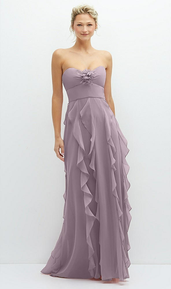 Front View - Lilac Dusk Strapless Vertical Ruffle Chiffon Maxi Dress with Flower Detail