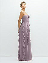 Side View Thumbnail - Lilac Dusk Strapless Vertical Ruffle Chiffon Maxi Dress with Flower Detail