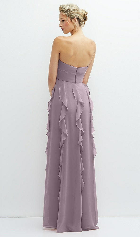 Back View - Lilac Dusk Strapless Vertical Ruffle Chiffon Maxi Dress with Flower Detail
