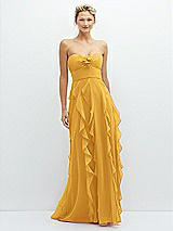 Front View Thumbnail - NYC Yellow Strapless Vertical Ruffle Chiffon Maxi Dress with Flower Detail