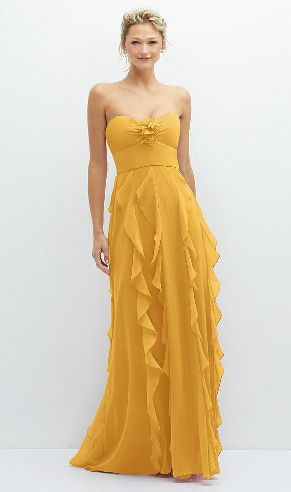 Front View - NYC Yellow Strapless Vertical Ruffle Chiffon Maxi Dress with Flower Detail