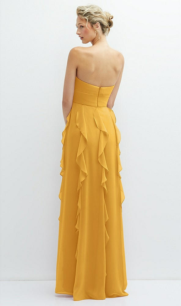 Back View - NYC Yellow Strapless Vertical Ruffle Chiffon Maxi Dress with Flower Detail