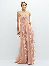 Front View Thumbnail - Pale Peach Strapless Vertical Ruffle Chiffon Maxi Dress with Flower Detail