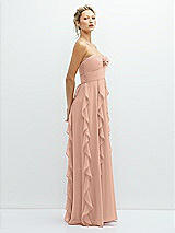 Side View Thumbnail - Pale Peach Strapless Vertical Ruffle Chiffon Maxi Dress with Flower Detail