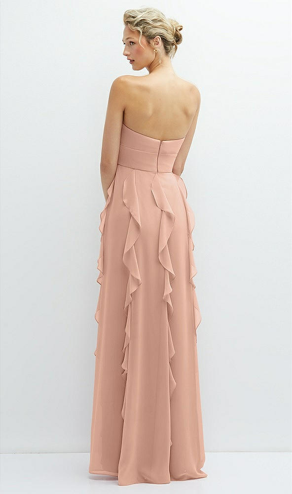 Back View - Pale Peach Strapless Vertical Ruffle Chiffon Maxi Dress with Flower Detail
