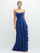 Front View Thumbnail - Classic Blue Strapless Vertical Ruffle Chiffon Maxi Dress with Flower Detail