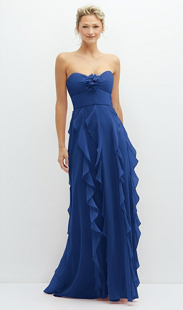 Front View - Classic Blue Strapless Vertical Ruffle Chiffon Maxi Dress with Flower Detail
