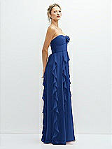 Side View Thumbnail - Classic Blue Strapless Vertical Ruffle Chiffon Maxi Dress with Flower Detail