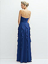 Rear View Thumbnail - Classic Blue Strapless Vertical Ruffle Chiffon Maxi Dress with Flower Detail