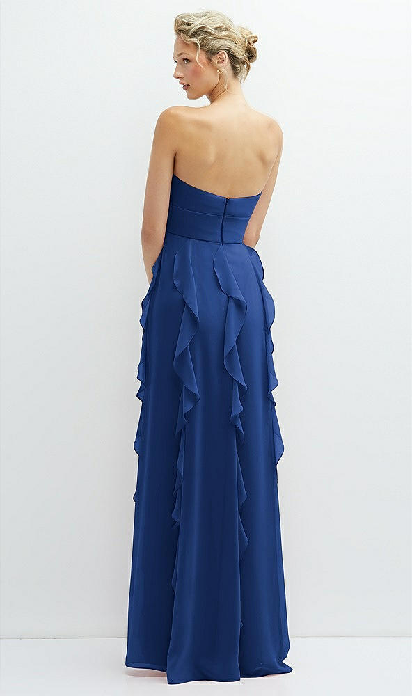 Back View - Classic Blue Strapless Vertical Ruffle Chiffon Maxi Dress with Flower Detail