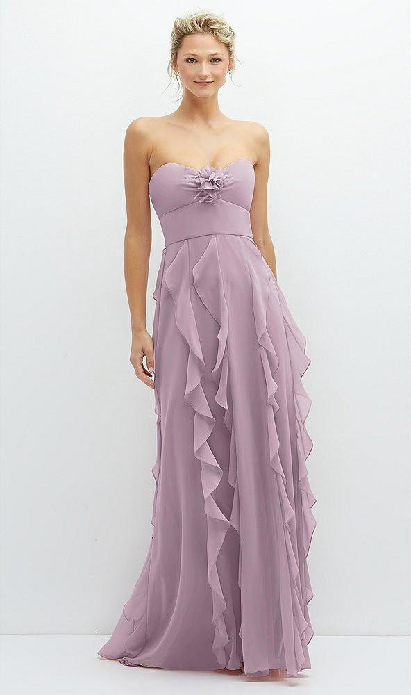 Front View - Suede Rose Strapless Vertical Ruffle Chiffon Maxi Dress with Flower Detail
