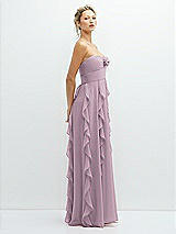 Side View Thumbnail - Suede Rose Strapless Vertical Ruffle Chiffon Maxi Dress with Flower Detail