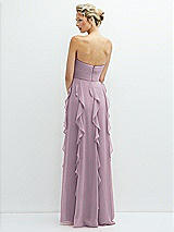 Rear View Thumbnail - Suede Rose Strapless Vertical Ruffle Chiffon Maxi Dress with Flower Detail