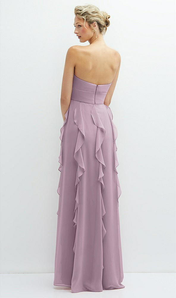 Back View - Suede Rose Strapless Vertical Ruffle Chiffon Maxi Dress with Flower Detail
