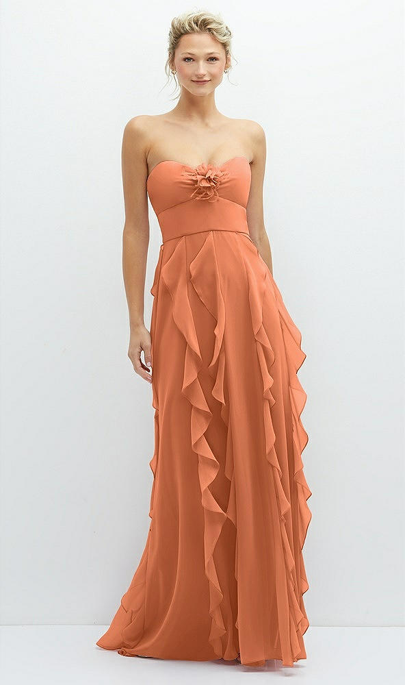 Front View - Sweet Melon Strapless Vertical Ruffle Chiffon Maxi Dress with Flower Detail