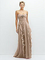 Front View Thumbnail - Topaz Strapless Vertical Ruffle Chiffon Maxi Dress with Flower Detail