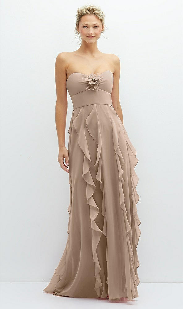 Front View - Topaz Strapless Vertical Ruffle Chiffon Maxi Dress with Flower Detail