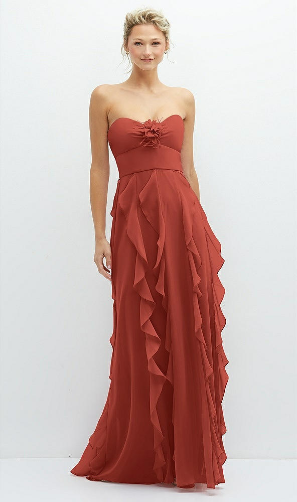Front View - Amber Sunset Strapless Vertical Ruffle Chiffon Maxi Dress with Flower Detail