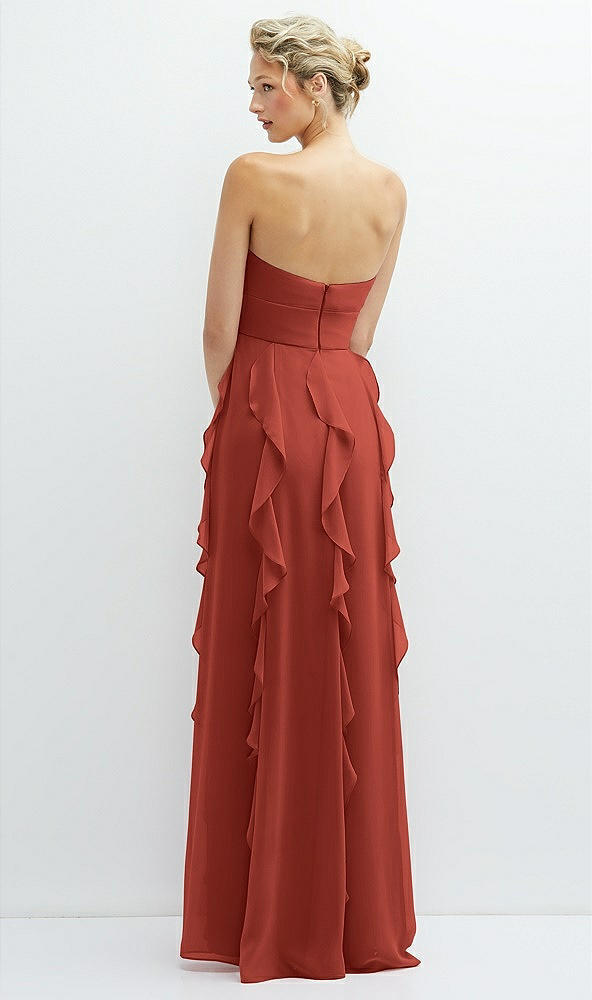 Back View - Amber Sunset Strapless Vertical Ruffle Chiffon Maxi Dress with Flower Detail