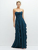 Front View Thumbnail - Atlantic Blue Strapless Vertical Ruffle Chiffon Maxi Dress with Flower Detail