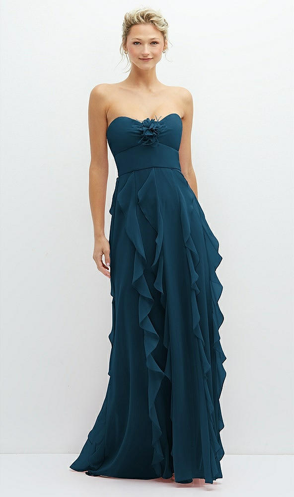 Front View - Atlantic Blue Strapless Vertical Ruffle Chiffon Maxi Dress with Flower Detail