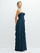 Side View Thumbnail - Atlantic Blue Strapless Vertical Ruffle Chiffon Maxi Dress with Flower Detail