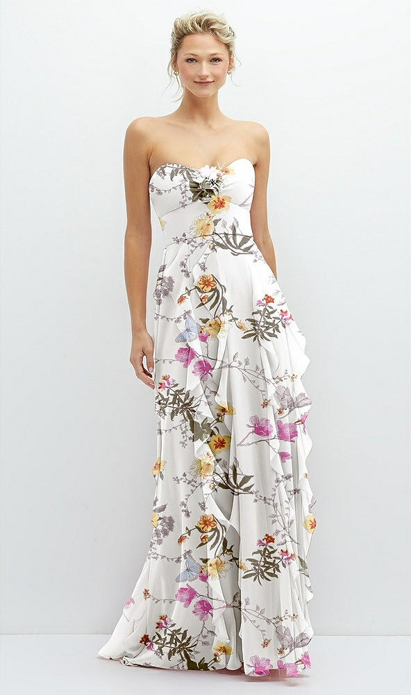 Front View - Butterfly Botanica Ivory Strapless Vertical Ruffle Chiffon Maxi Dress with Flower Detail