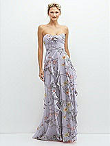 Front View Thumbnail - Butterfly Botanica Silver Dove Strapless Vertical Ruffle Chiffon Maxi Dress with Flower Detail