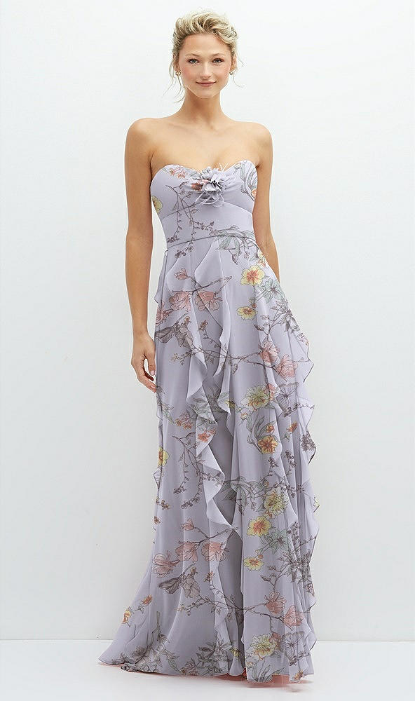 Front View - Butterfly Botanica Silver Dove Strapless Vertical Ruffle Chiffon Maxi Dress with Flower Detail