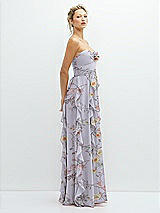 Side View Thumbnail - Butterfly Botanica Silver Dove Strapless Vertical Ruffle Chiffon Maxi Dress with Flower Detail