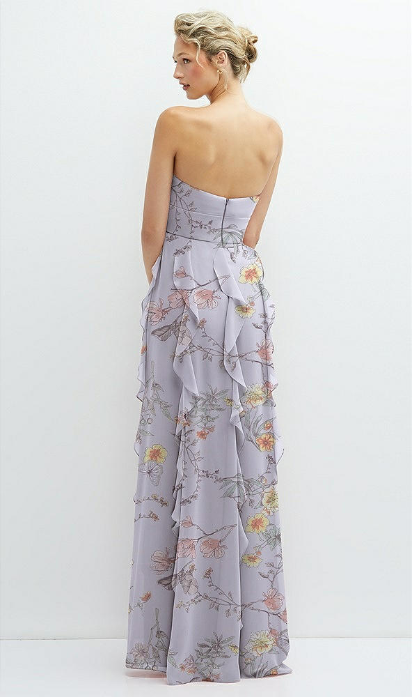 Back View - Butterfly Botanica Silver Dove Strapless Vertical Ruffle Chiffon Maxi Dress with Flower Detail