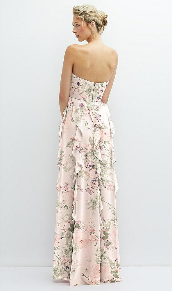 Back View - Blush Garden Strapless Vertical Ruffle Chiffon Maxi Dress with Flower Detail