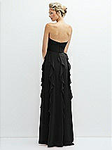 Rear View Thumbnail - Black Strapless Vertical Ruffle Chiffon Maxi Dress with Flower Detail