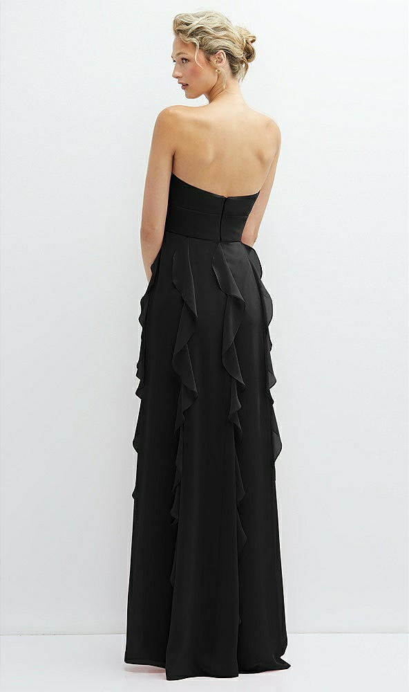 Back View - Black Strapless Vertical Ruffle Chiffon Maxi Dress with Flower Detail