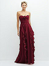 Front View Thumbnail - Burgundy Strapless Vertical Ruffle Chiffon Maxi Dress with Flower Detail