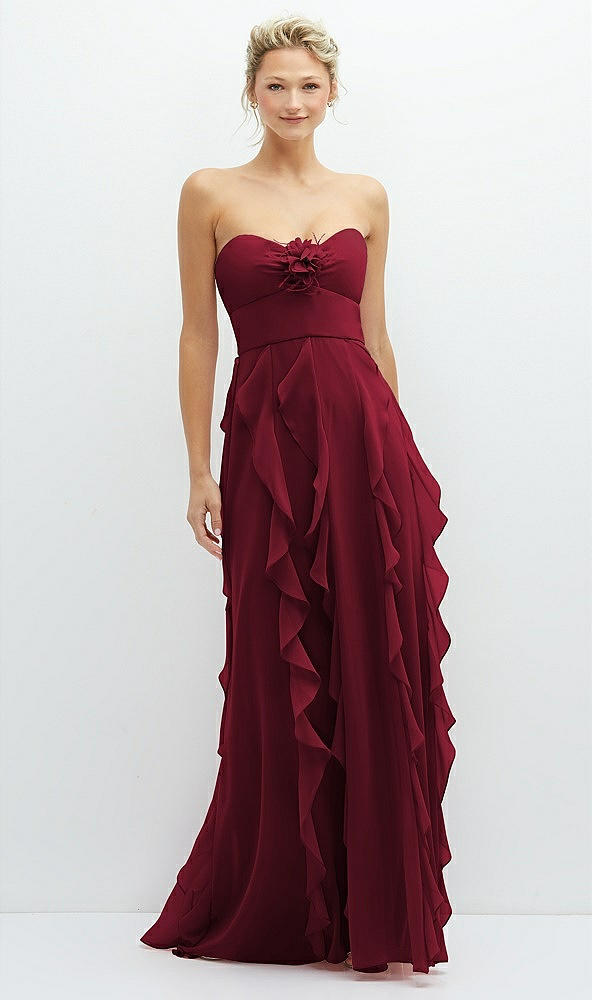 Front View - Burgundy Strapless Vertical Ruffle Chiffon Maxi Dress with Flower Detail