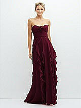 Front View Thumbnail - Cabernet Strapless Vertical Ruffle Chiffon Maxi Dress with Flower Detail