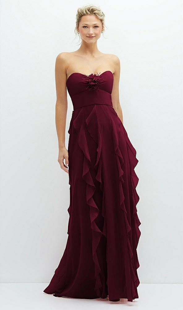 Front View - Cabernet Strapless Vertical Ruffle Chiffon Maxi Dress with Flower Detail
